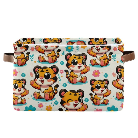 Cartoon Tigers Sit Storage Bins with Handle Fabric Organizer Basket Foldable Box 1 Pack 14.2x10.2x8.3