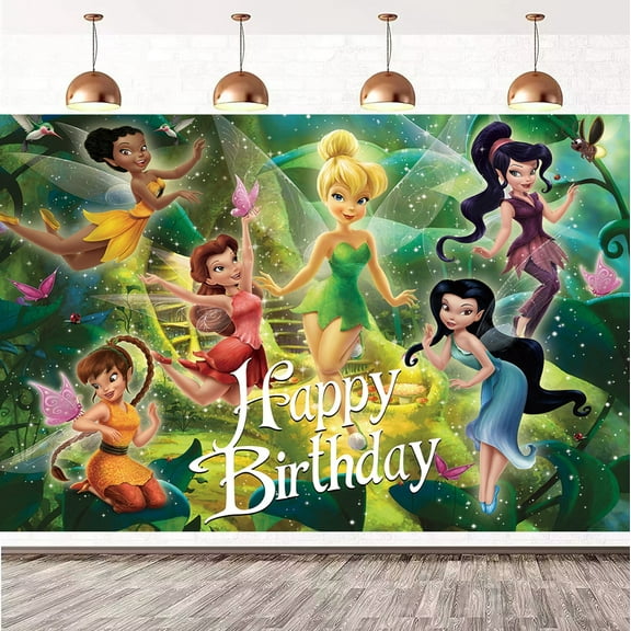 Cartoon Tinker Bell Birthday Backdrop Photography Kids Party Supplies Happy Birthday Party Decorations 83''×59''