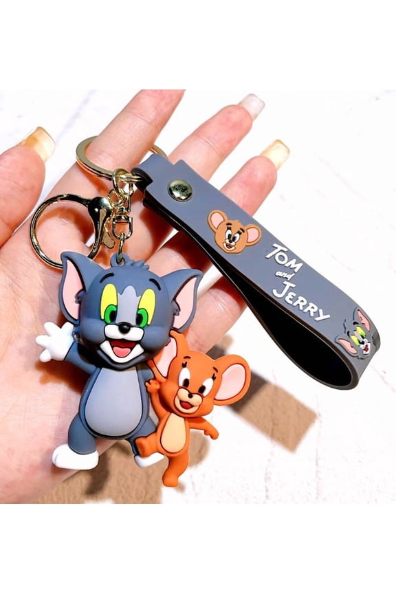 Cartoon Tom and Jerry Keychain Figure Keyring with Strap, 2.5" tall