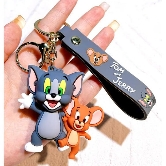 Cartoon Tom and Jerry Keychain Figure Keyring with Strap, 2.5" tall