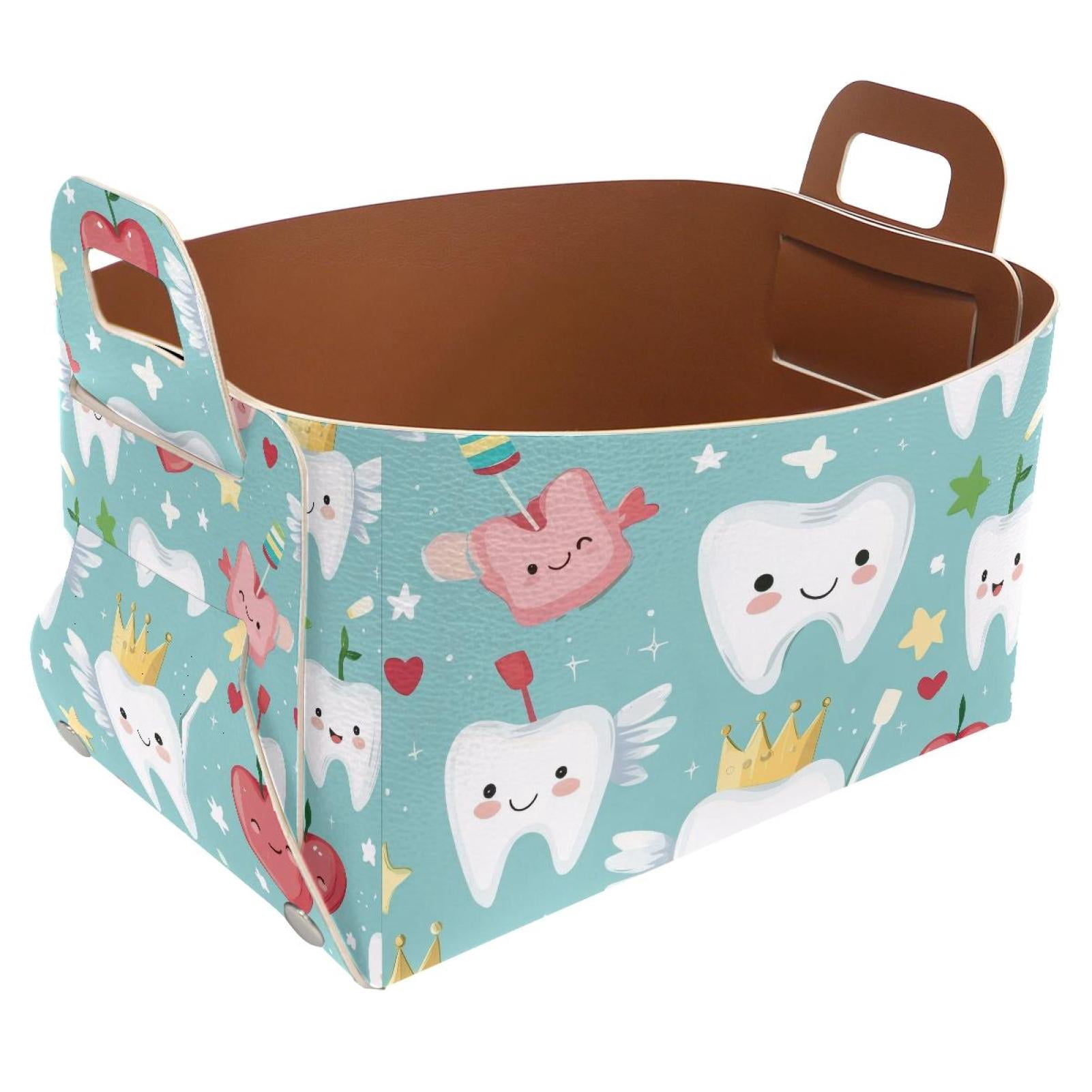 Cartoon Tooth Fruits Storage Basket Collapsible Storage Bin, PU Foldable Basket Convenient Box Storage Organizer with Handles for Shelves Office Bedroom Closet Nursery Toys Laundry