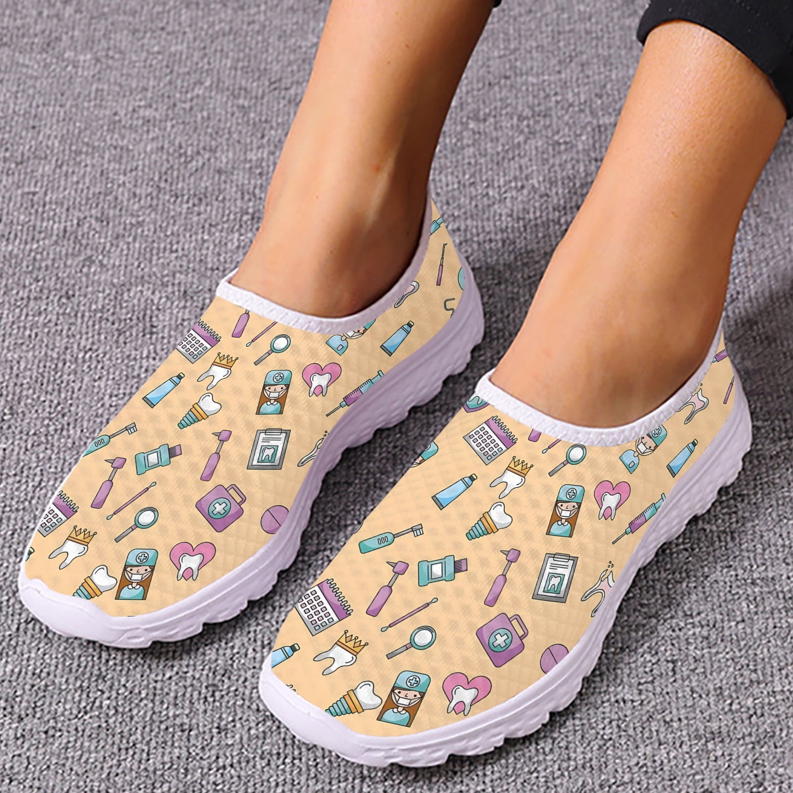 Cartoon Tooth Print Slipon Shoes Breathable Dental Shoes Comfortable