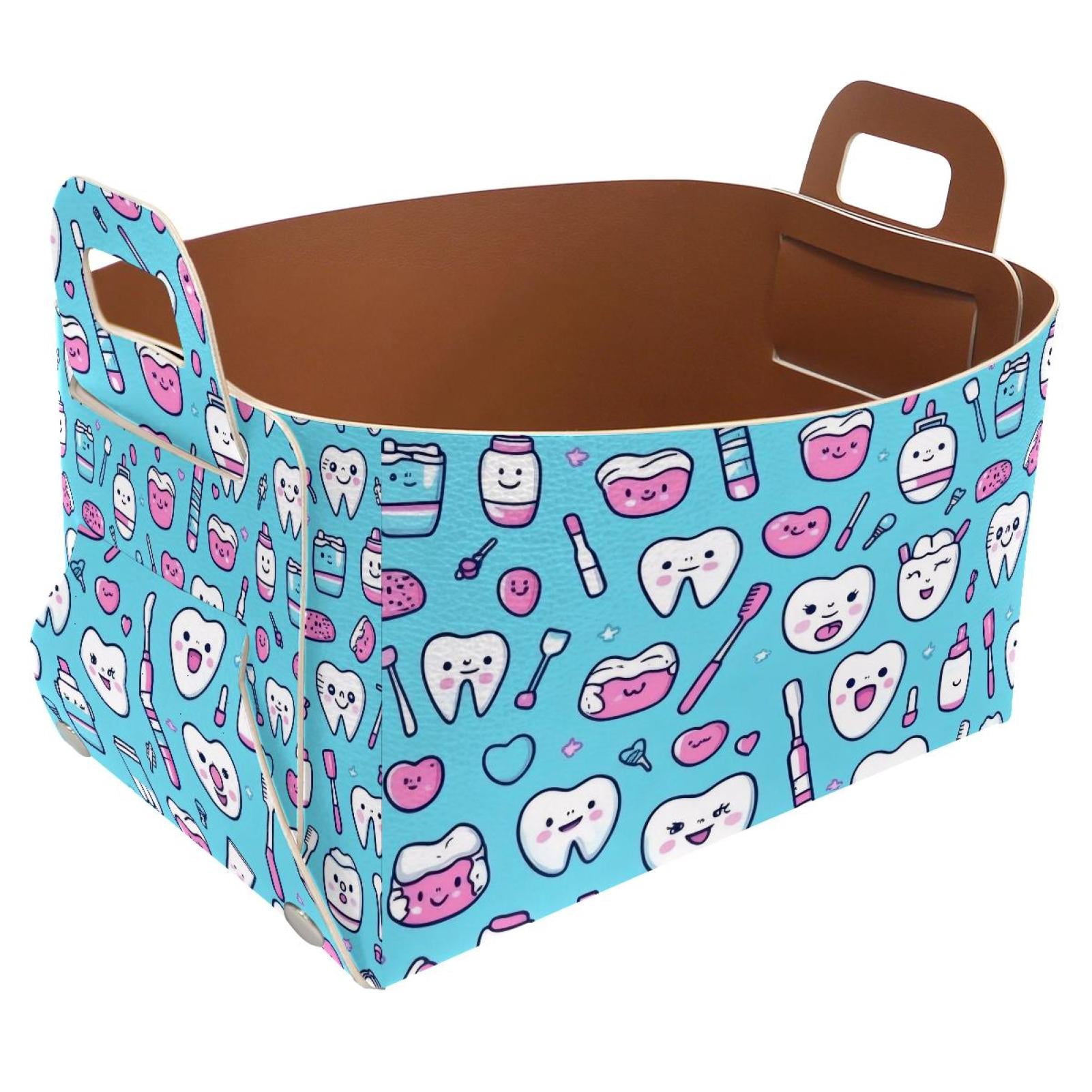 Cartoon Toothbrush Teeth Storage Basket Collapsible Storage Bin, PU Foldable Basket Convenient Box Storage Organizer with Handles for Shelves Office Bedroom Closet Nursery Toys Laundry