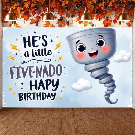 Cartoon Tornado Banner Star Pattern 5th Birthday Display Lightning Design Blue Background Little Five-Nado Backdrop for 5th Birthday Party Kids Celebration Indoor Decoration