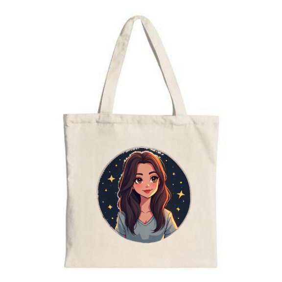 Cartoon Tote Bag with Young Woman in Gray Shirt Smiling Against a Dark Starry Night - Perfect for Shopping Travel & Parties