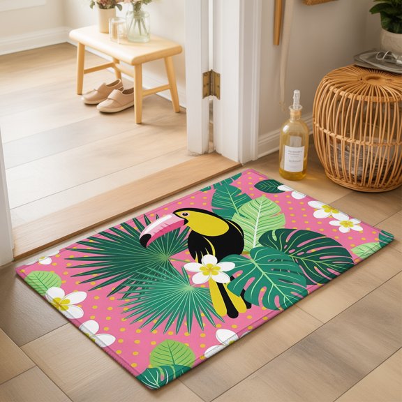Cartoon Toucan Bird Washable Small Entryway Area Rugs 2'x3', Tropical Plumeria Flowers Palm Leaf Washable Throw Rug Non-Slip Sturdy Edge Binding Carpet for Front Door Floor Room Entry