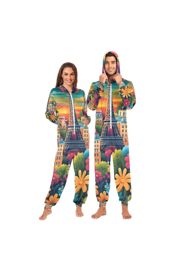 Cartoon Tower Flowers Floral Adult Onesie Pajamas Slim Fit Christmas One Piece Suit Pjs for Women and Men Hooded Zipper