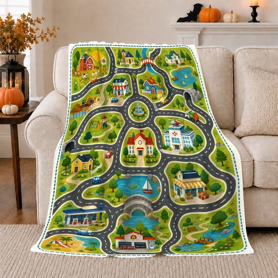 Cartoon Town Map Adventure With Detailed Visual Pattern Playful Graphic Style Art Lovers Expressive Room Motif Warm Flannel Blanket, Housewarming Gift for Bedroom and Living Room Home Decor