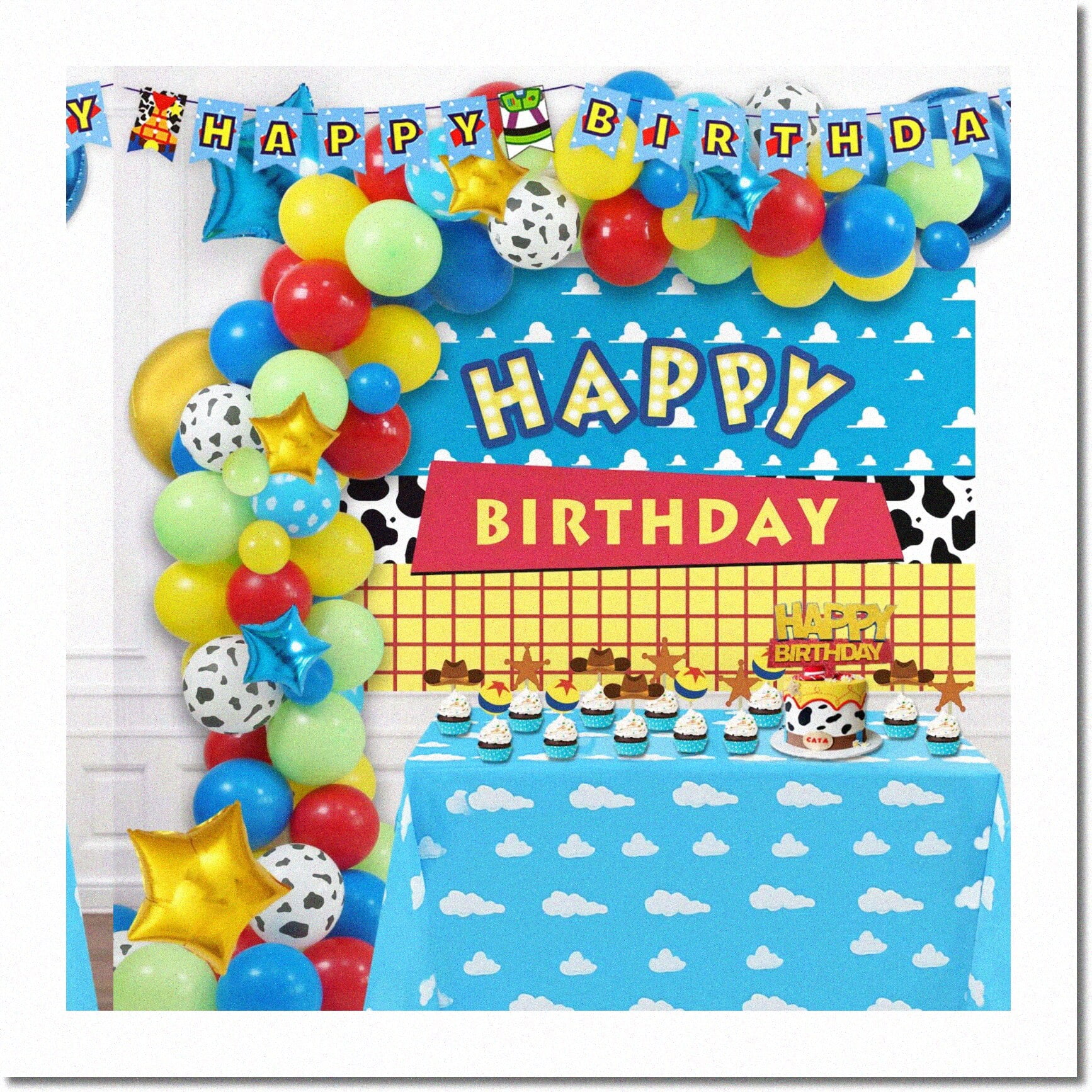 Cartoon Toy Birthday Party Kit Blue Themed Decorations with Backdrop