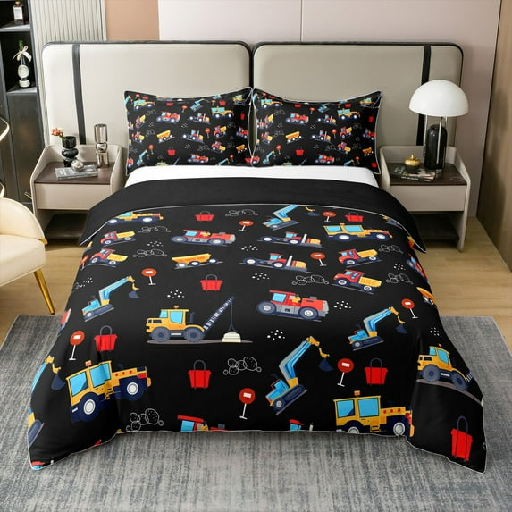 Cartoon Tractor 100% Cotton Duvet Cover Queen Size,Truck Kawaii Excavator Soft Comforter Cover,Black Red Transport Quilt Cover(No Comforter)