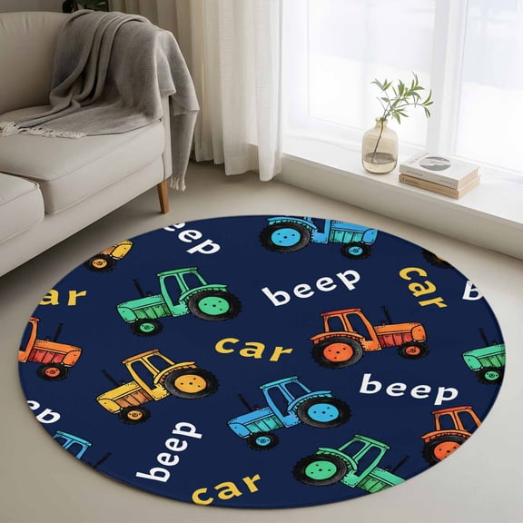 Cartoon Tractor 3ft Area Rug, Cute Beep Car Digger Shovel Truck Navy Blue Washable Non-Slip Small Round Rugs for Entryway Bedroom Kitchen, Soft Circle Carpet for Dining Room, Playroom Nursery Rug