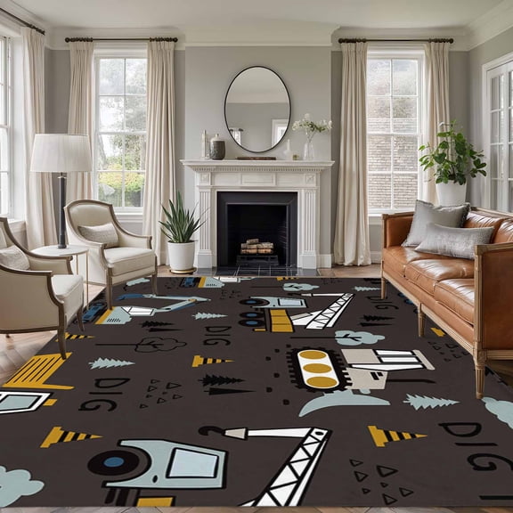 Cartoon Tractor 5'x8' Area Rug for Living Room, Cute Grey Digger Shovel Truck Car Black Washable Non-Slip Rugs for Bedroom Nursery Dining Room, Low-Pile Kitchen Carpet Large Entryway Rugs