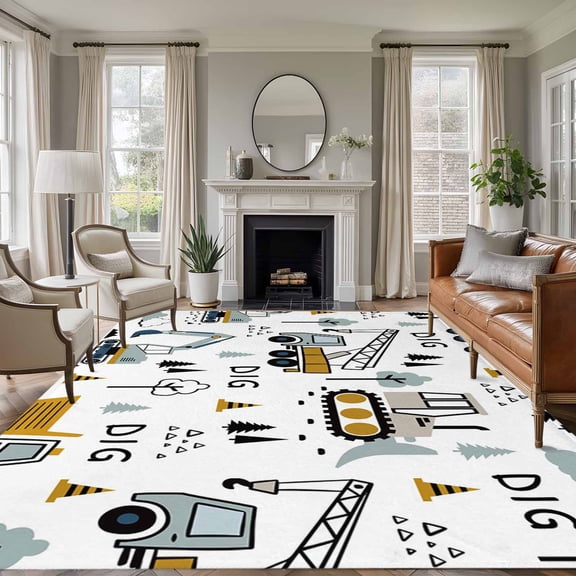 Cartoon Tractor 5'x8' Area Rug for Living Room, Cute Grey Digger Shovel Truck Washable Non-Slip Rugs for Bedroom Nursery Dining Room, StainResistant Low-Pile Kitchen Carpet Large Entryway Rugs