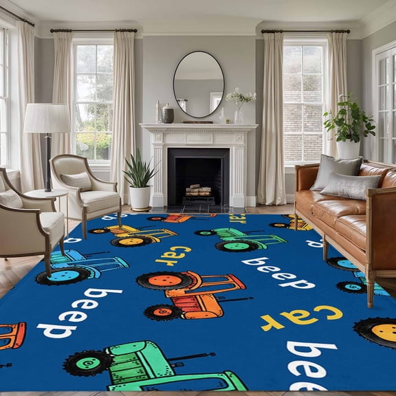Cartoon Tractor 6'x9' Area Rug for Living Room, Cute Beep Car Digger Shovel Truck Blue Non-Slip Floor Mat Rugs for Bedroom Dining Room, Indoor Large Carpet for Classroom, Nursery Rugs for Playroom