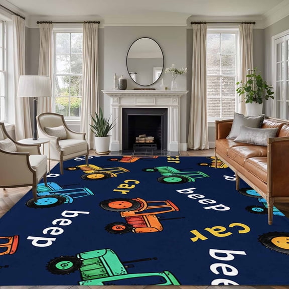 Cartoon Tractor 6'x9' Area Rug for Living Room, Cute Beep Car Digger Shovel Truck Navy Blue Floor Mat Rugs for Bedroom Dining Room, Indoor Large Carpet for Classroom, Nursery Rugs for Playroom