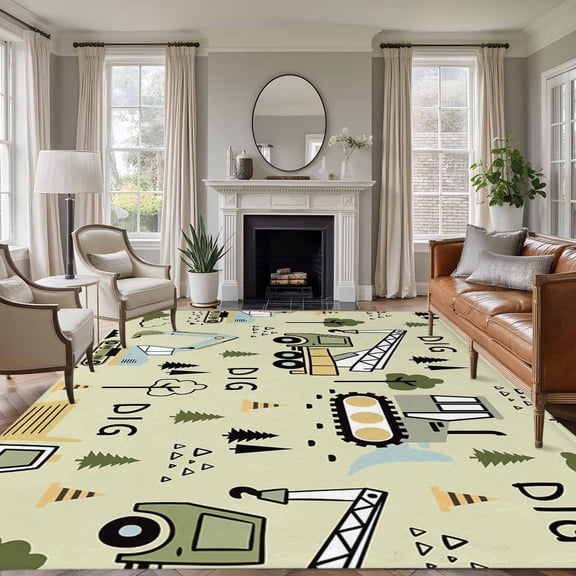 Cartoon Tractor 6'x9' Area Rug for Living Room, Cute Green Digger Shovel Truck Rustic Non-Slip Floor Mat Rugs for Bedroom Dining Room, Indoor Large Carpet for Classroom, Nursery Rugs for Playroom
