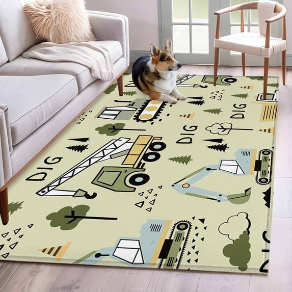Cartoon Tractor Area Rugs 3'x5', Washable Small Throw Rugs for Living Room Bedroom, Cute Green Digger Shovel Truck Rustic Indoor Outdoor Rug Non-Slip Low Pile Carpet Runner Reversible Floor Mats