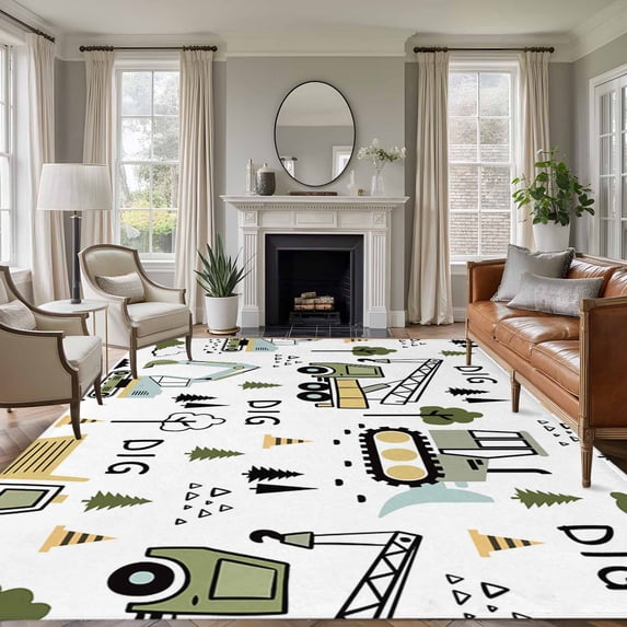Cartoon Tractor Area Rugs 5'x8', Washable Small Throw Rugs for Classroom Bedroom, Cute Digger Shovel Truck Country Car Indoor Outdoor Rug Non-Slip Low Pile Carpet Runner Reversible Floor Mats