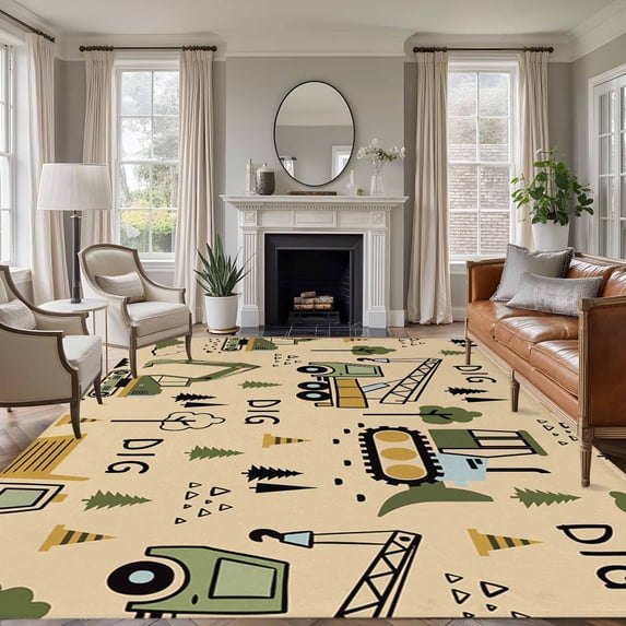 Cartoon Tractor Area Rugs 8'x10', Washable Small Throw Rugs for Living Room Patio, Cute Digger Shovel Truck Car Khaki Indoor Outdoor Rug Non-Slip Low Pile Carpet Runner Reversible Floor Mats