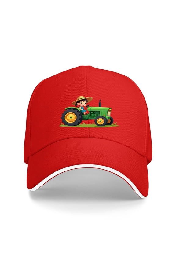 Cartoon Tractor Baseball Cap - Green Hat Yellow Wheels Adjustable Outdoor Sun Hat