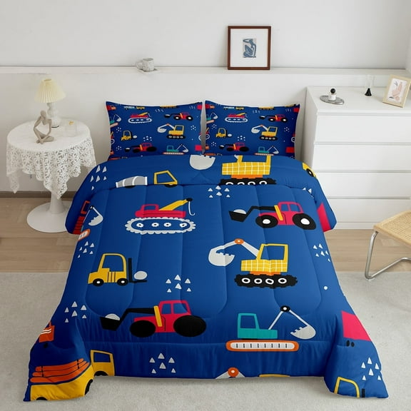 Cartoon Tractor Bedding Full Truck Comforter Set , Construction Vehicle Bedding Comforter Sets Excavator Bulldozer Duvet Insert Equipped Truck Down Comforter, Navy