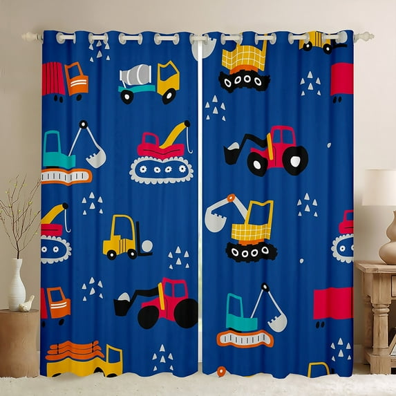 Cartoon Tractor Blackout Curtains Truck Curtains, Construction Vehicle Curtains & Drapes Excavator Bulldozer Black Out Curtains Equipped Truck Window Curtains, Navy
