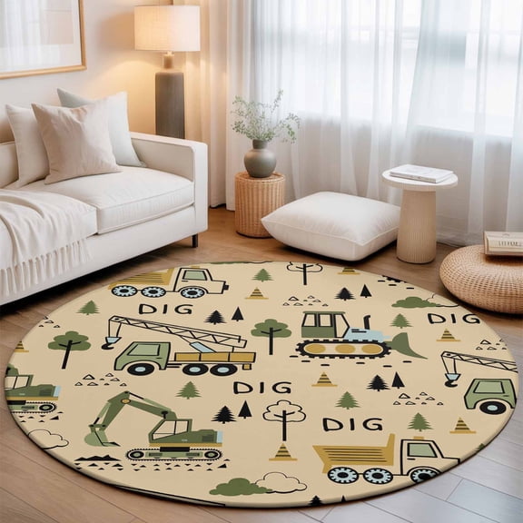 Cartoon Tractor Brown Digger Shovel Round Rug 5ft Cute Truck Car Themed Washable Area Rugs for Living Room Bedroom Entryway Non Slip Entrance Door Mat Indoor Floor Carpet