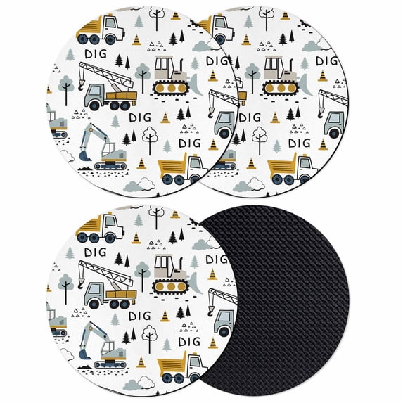 Cartoon Tractor Coasters Set of 4, Absorbent Coasters for Drinks, Cute Grey Digger Shovel Truck Coaster for Desk Coffee Table Protection, Home Decor House Warming Gifts 4"