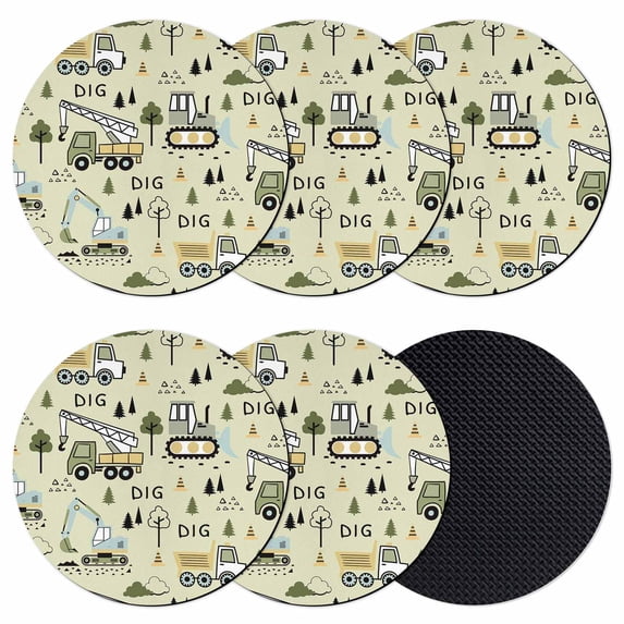 Cartoon Tractor Coasters Set of 6, Absorbent Coasters for Drinks, Cute Green Digger Shovel Truck Rustic Coaster for Desk Coffee Table Protection, Home Decor House Warming Gifts 4"