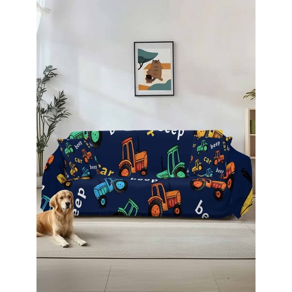 Cartoon Tractor Couch Cover, Cute Beep Car Digger Shovel Truck Navy Blue Sofa Cover Blanket for 3 Cushion Couch, Sectional Sofa Slipcover Furniture Protector for Living Room Bedroom 71''x134''