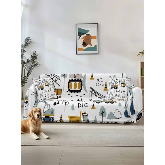 Cartoon Tractor Couch Cover, Cute Grey Digger Shovel Truck Sofa Cover Blanket for 2 Seat Cushion, Sectional Sofa Slipcover Furniture Protector for Living Room Bedroom 71''x102''