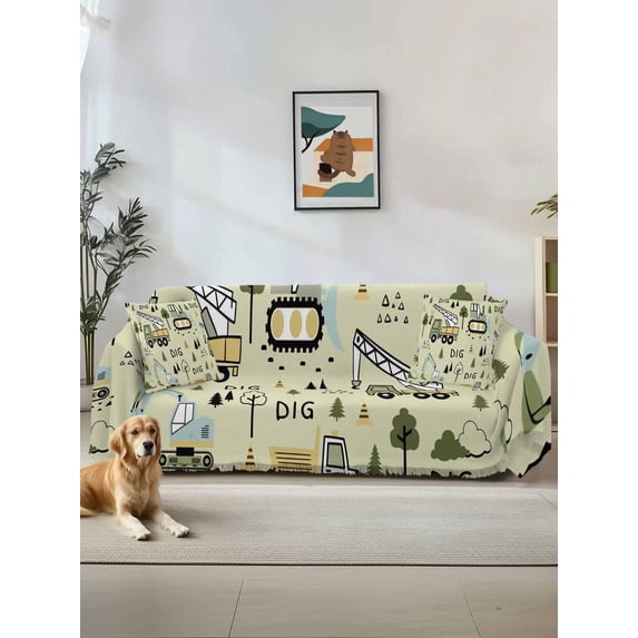 Cartoon Tractor Couch Cover Sofa Covers 3 Cushion Sectional Couch, Cute Green Digger Shovel Truck Rustic Washable Sofa Covers Slipcover Sectional Sofa Cover, Furniture Protector 71"x150"