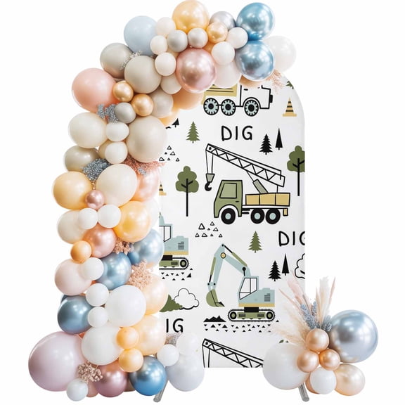 Cartoon Tractor Digger Shovel Arch Backdrop Cover Spandex Fitted Arch Cover 7.2FT,Arches Backdrop Stand Covers for Wedding Birthday Party Ceremony Banquet Decoration Cute Truck Car Themed