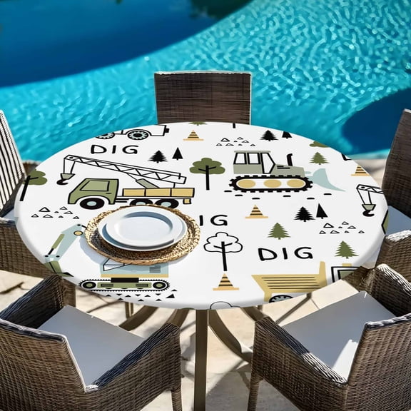 Cartoon Tractor Digger Shovel Round Fitted Tablecloth with Elastic Edge,Waterproof Table Cloth Fits Tables Up to 45"-54",Washable Table Cover for Indoor Outdoor Dinning Party,Cute Truck Car Themed