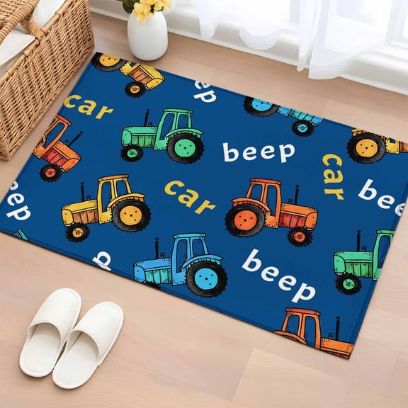 Cartoon Tractor Entryway Rug 2'x3' Non Slip Front Door Mats, Cute Beep Car Digger Shovel Truck Blue Entrance Rugs Indoor Outdoor Carpet, Washable Floor Mats Small Area Rug for Bedroom Kitchen