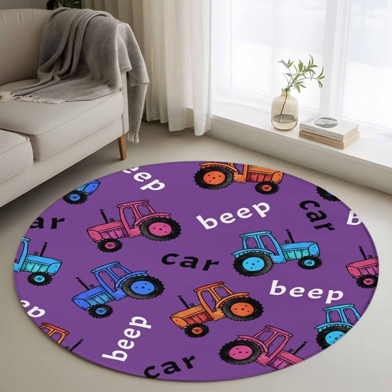 Cartoon Tractor Round Area Rug 3.3Ft Washable Circle Rugs for Dining Room Table, Cute Beep Car Digger Shovel Truck Purple Non-Slip Carpet Floor Mats Indoor Outdoor Carpet Runner Aesthetic Home Decor