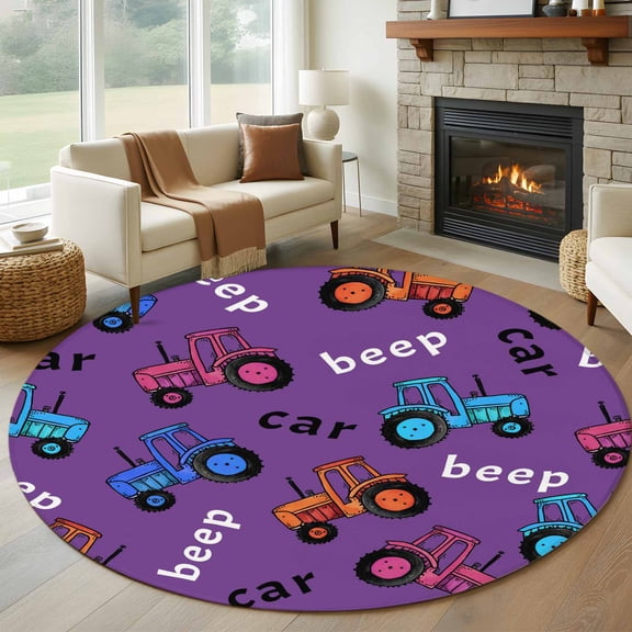 Cartoon Tractor Round Area Rug 5ft, Cute Beep Car Digger Shovel Truck Purple Washable Non-Slip Circle Rugs for Bedroom Living Room Kitchen, Soft Low Pile Carpet for Dining Room Playroom Nursery
