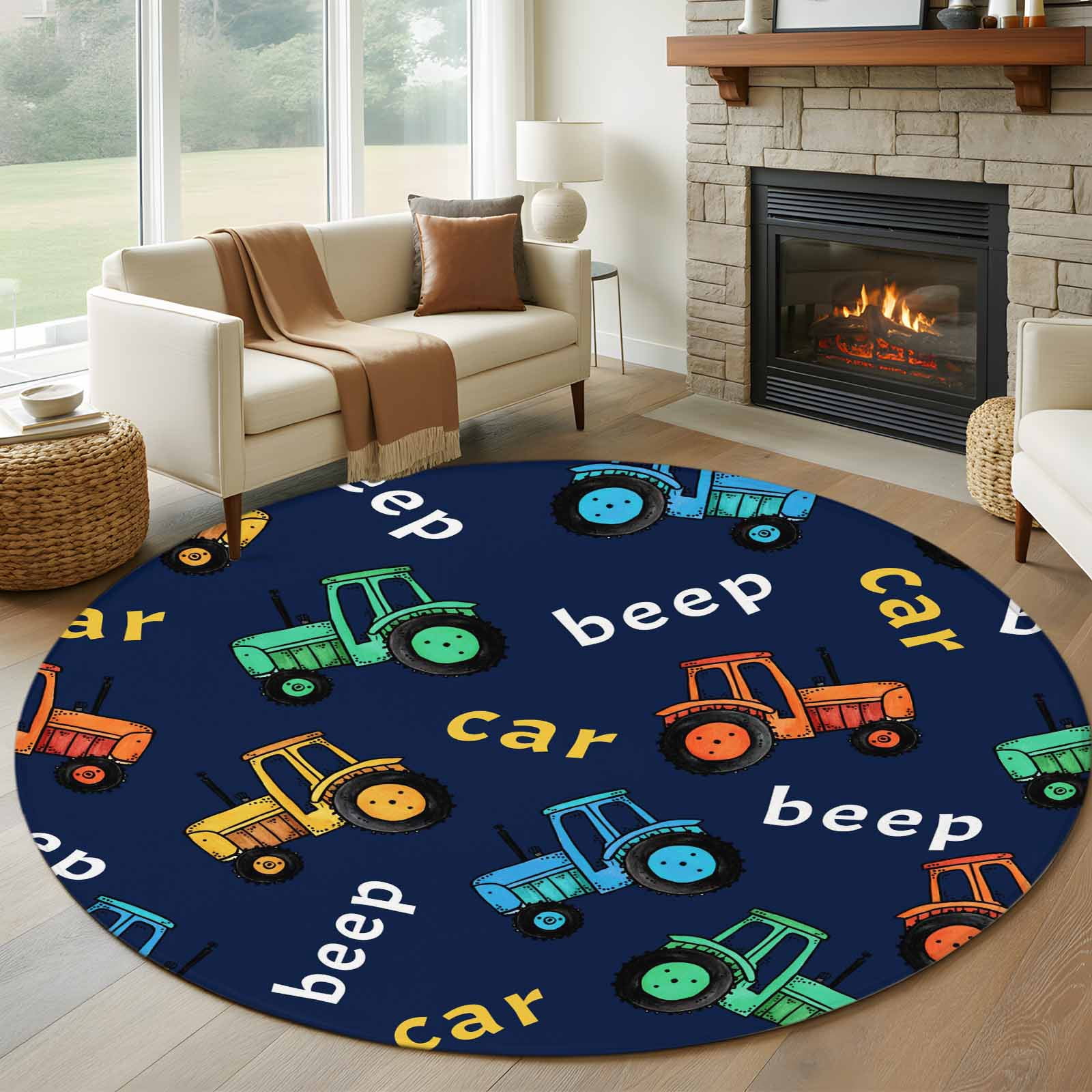 Cartoon Tractor Round Area Rug 6Ft Washable Circle Rugs for Bathroom Office, Cute Beep Car Digger Shovel Truck Navy Blue Non-Slip Carpet Floor Mats Indoor Outdoor Carpet Runner Aesthetic Home Decor