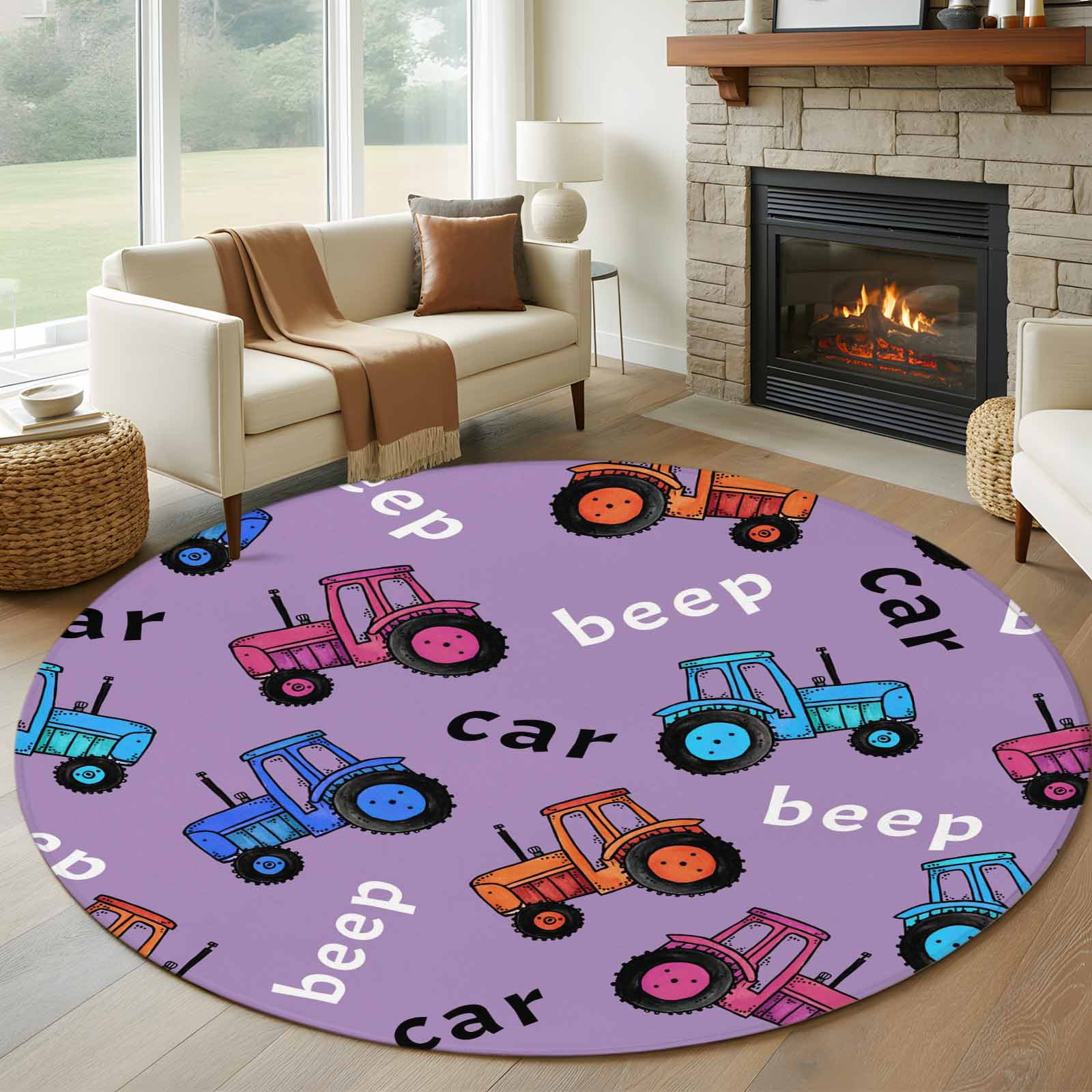 Cartoon Tractor Round Area Rug 8Ft Washable Large Circle Rugs for Living Room Dorm, Cute Beep Car Digger Shovel Truck Light Purple Non-Slip Carpet Floor Mats Indoor Outdoor Carpet Runner Home Decor