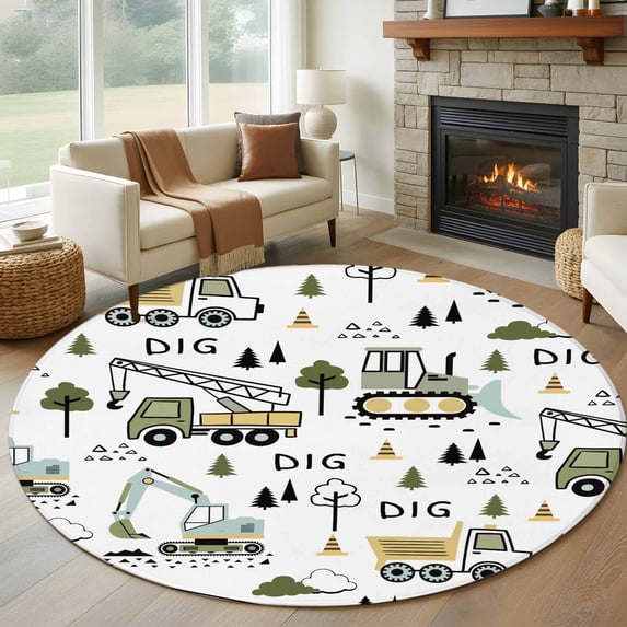 Cartoon Tractor Round Rug 7ft Washable Circle Rugs Non Slip Cute Digger Shovel Truck Country Car Large Area Rug Indoor Floor Carpet for Bedroom Kitchen Living Room Home Office Dining Room Nursery