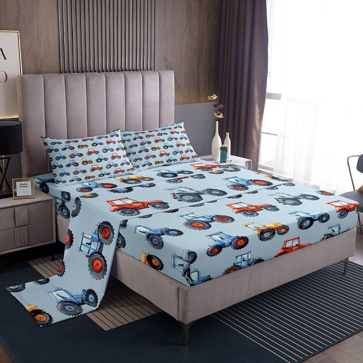 4 PCS Cal King Sheet Set Green Trees & Trucks
