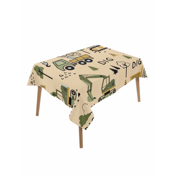 Cartoon Tractor Table Cloth, Waterproof Tablecloth for Rectangle Tables, Cute Digger Shovel Truck Car Khaki Reusable Washable Fabric Table Cover for Restaurant Kitchen Dining Tables 52"x70"