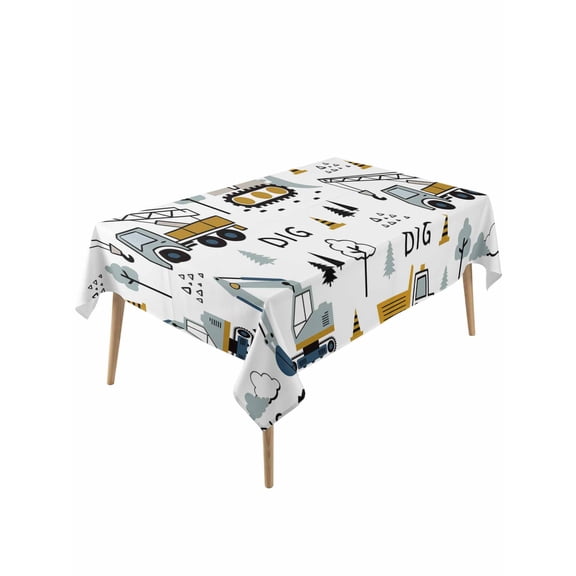 Cartoon Tractor Table Cloth, Waterproof Tablecloth for Rectangle Tables, Cute Grey Digger Shovel Truck Reusable Washable Fabric Table Cover for Restaurant Kitchen Dining Tables 54"x108"