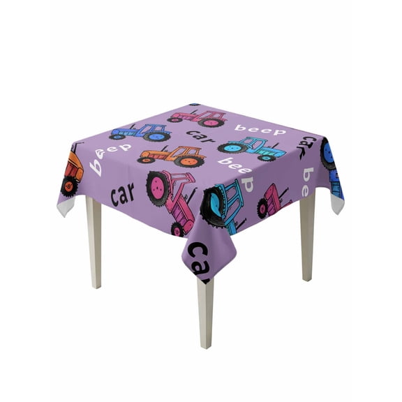 Cartoon Tractor Table Cloth, Waterproof Tablecloth for Square Tables, Cute Beep Car Digger Shovel Truck Light Purple Reusable Washable Fabric Table Cover for Restaurant Kitchen Dining Tables 60"x60"