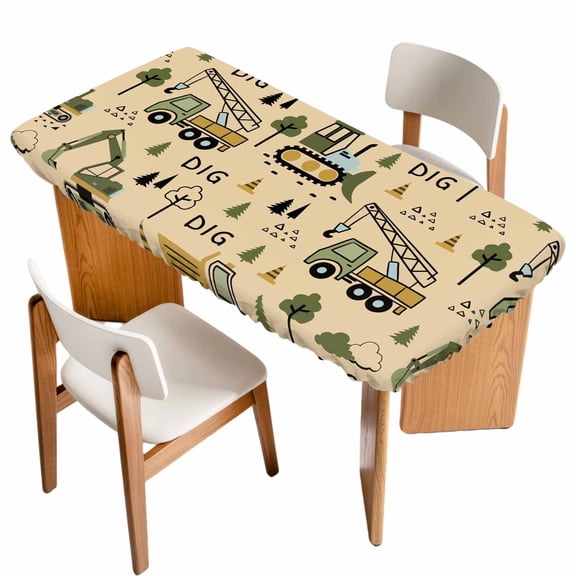 Cartoon Tractor Table Cloths for 3 Foot Rectangle Tables, Cute Digger Shovel Truck Car Khaki Patio Waterproof Elastic Fitted Tablecloths, Washable Rectangular Table Cover for Camping
