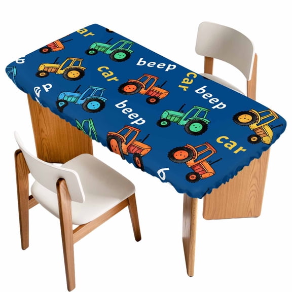 Cartoon Tractor Table Cloths for 5 Foot Rectangle Tables, Cute Beep Car Digger Shovel Truck Blue Patio Waterproof Elastic Fitted Tablecloths, Washable Rectangular Table Cover for Camping