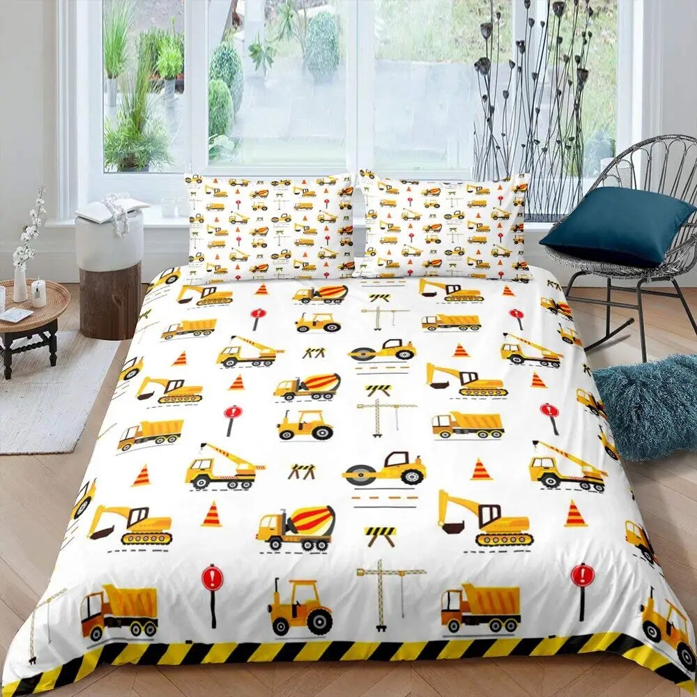 Cartoon Tractor Trucks King Duvet Cover Construction Vehicle Bedding