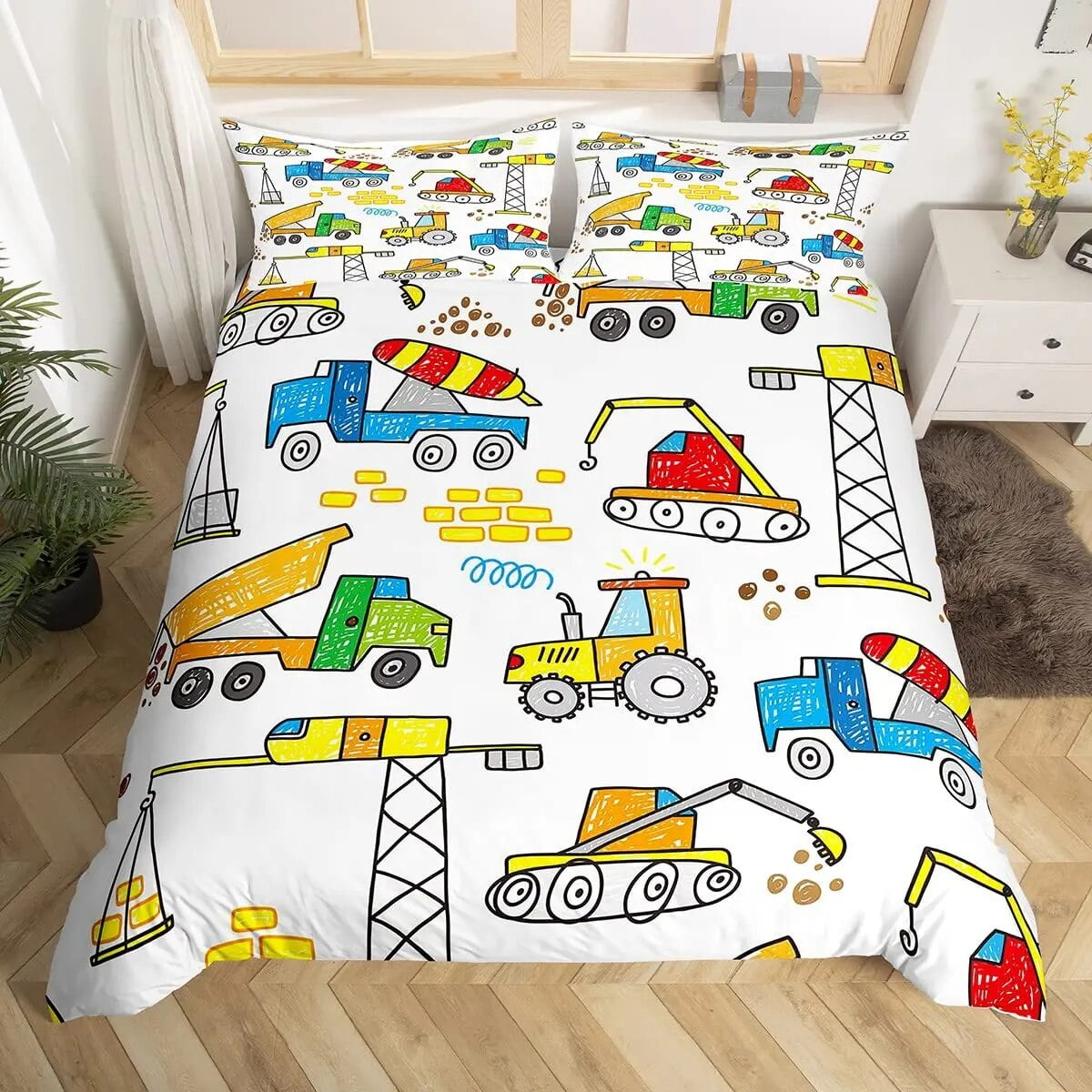 Cartoon Tractor Trucks King Duvet Cover Construction Vehicle Bedding