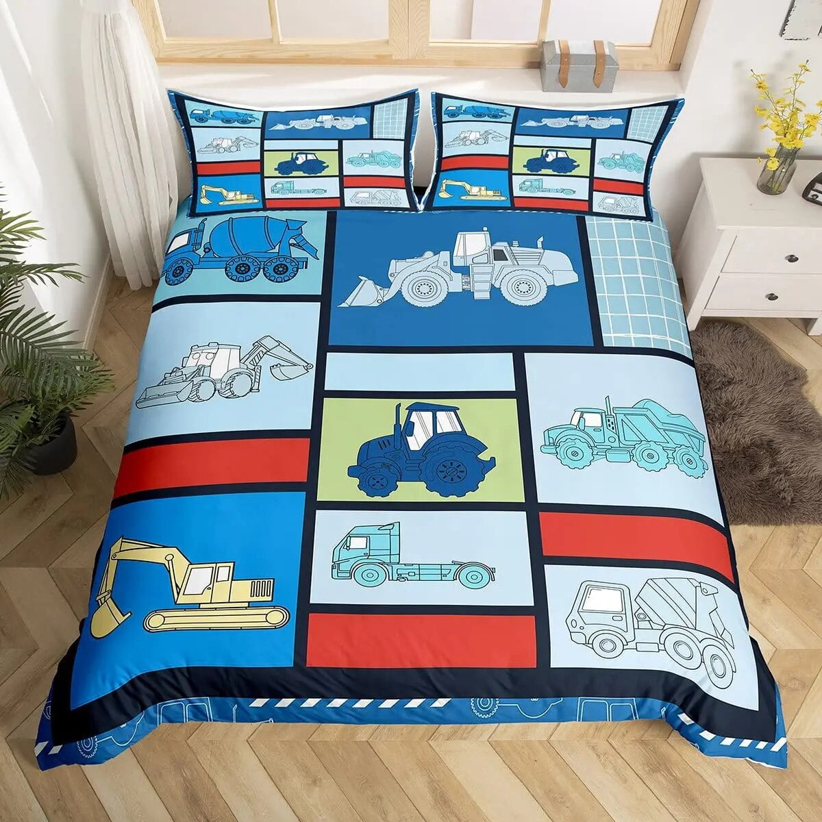 Cartoon Tractor Trucks King Duvet Cover Construction Vehicle Bedding