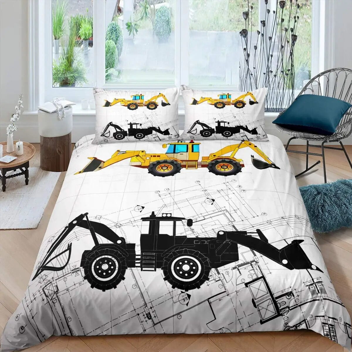 Cartoon Tractor Trucks King Duvet Cover Construction Vehicle Bedding